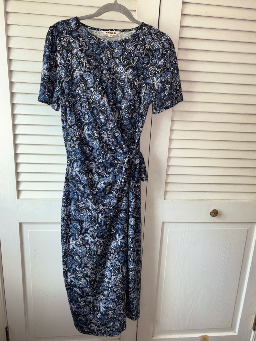 Boden Faux Wrap Jersey Midi Dress 8 Blue Floral Paisley Side Tie Modal - Picture 3 of 7